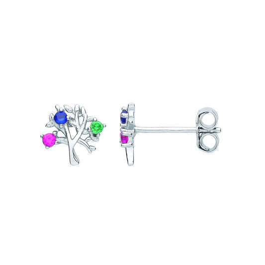 Silver Red Green Blue CZ RGB Rainbow Tree of Life Stud Earrings - EAG1082