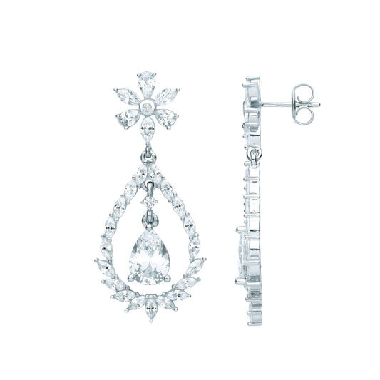 Silver Pear Marquise CZ Fiery Snowflake Chandelier Drop Earrings - EAG1084