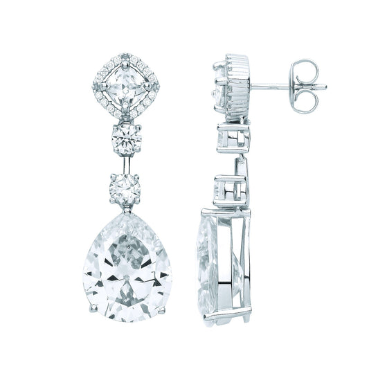 Sterling Silver Pear Cushion CZ Heavy Raindrop Halo Drop Earrings - EAG1086