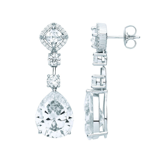Sterling Silver Pear Cushion CZ Heavy Raindrop Halo Drop Earrings - EAG1086