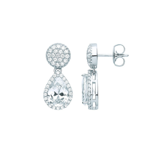 Silver Pear CZ Pave Pillow Cluster Raindrop Halo Drop Earrings - EAG1087