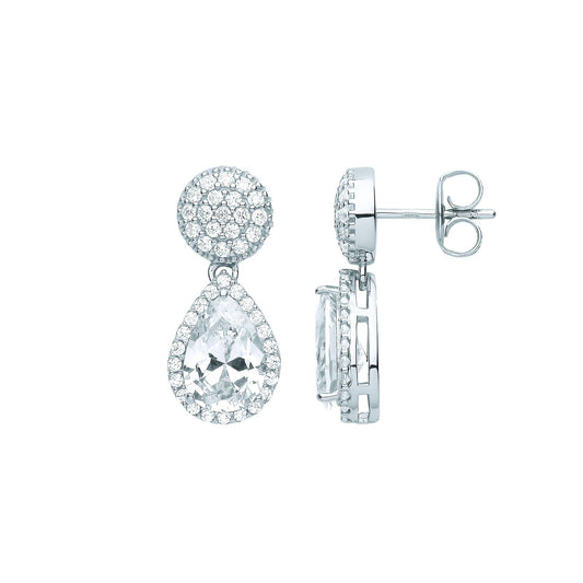 Silver Pear CZ Pave Pillow Cluster Raindrop Halo Drop Earrings - EAG1087