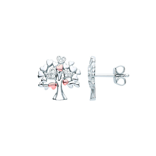 925 Sterling Silver CZ Love Heart Tree of Life Stud Earrings - EAG1090