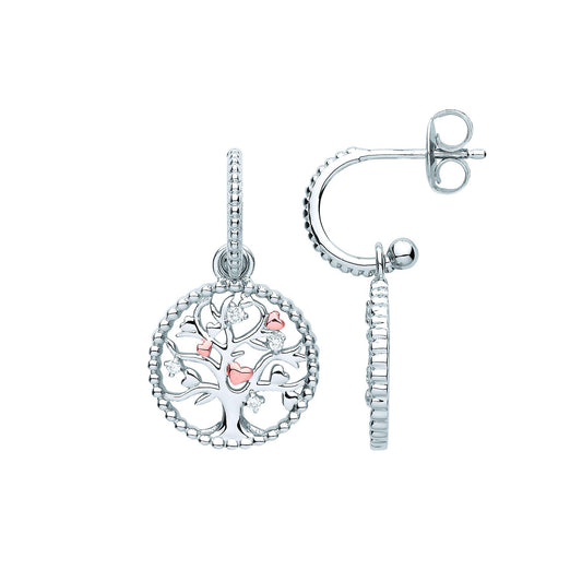 925 Silver CZ Bead Hoop Tree of Life Love Heart Drop Earrings - EAG1091