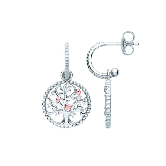 925 Silver CZ Bead Hoop Tree of Life Love Heart Drop Earrings - EAG1091