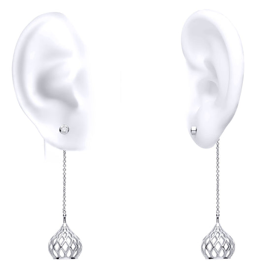 Silver CZ Hanging Basket Lantern Shoulder Duster Drop Earrings - EAG1093