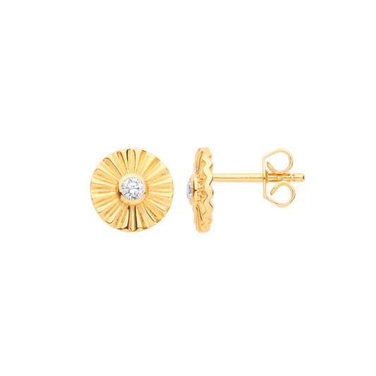 Gilded 925 Silver CZ Round Sun Sunburst Solitaire Stud Earrings - EAG1096