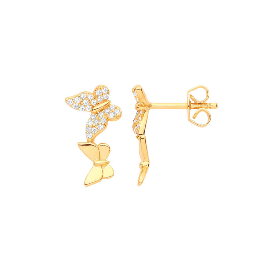 Gilded 925 Silver CZ Fluttering Butterflies Pave Drop Earrings - EAG1097