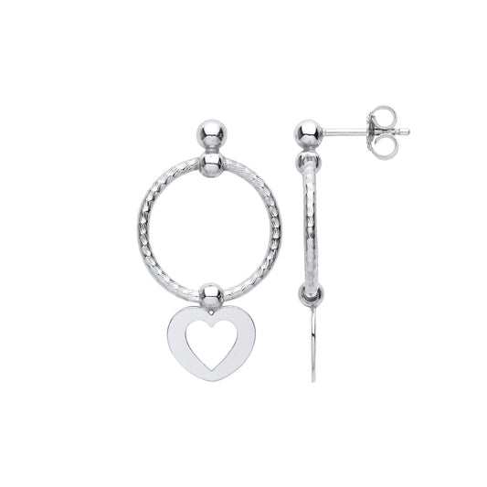 Platinum Plated Silver Heart Swing Bead Barked Hoop Drop Earrings - EAG1099