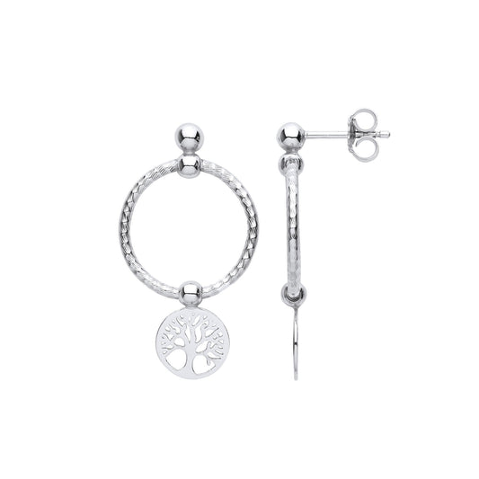 Silver Tree of Life Swing Bead Barked Hoop Drop Earrings - EAG1100