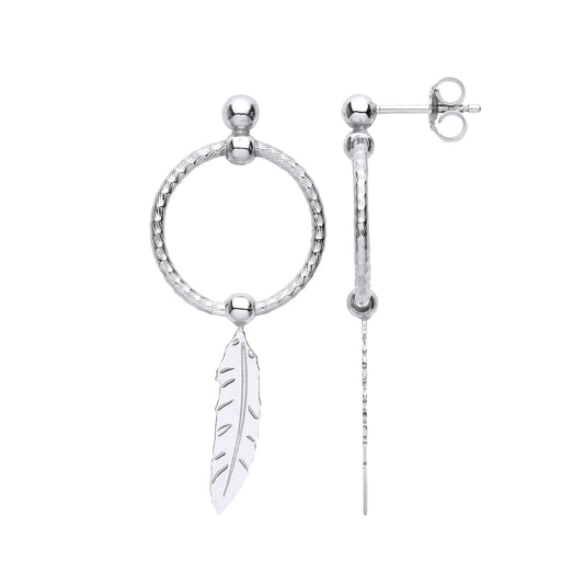 Silver Feather Leaf Swing Bead Barked Hoop Drop Earrings - EAG1101