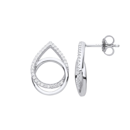 925 Silver CZ Pave Raindrop Interlocked Ring Halo Drop Earrings - EAG1104