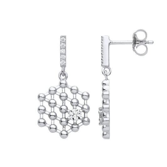 Silver CZ Molecular Structure Hexagon Honeycomb Drop Earrings - EAG1112