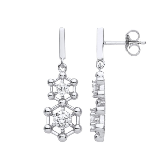 Silver CZ Double Hexagon Honeycomb Molecular Drop Earrings - EAG1117