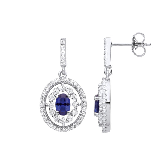 Sterling Silver Blue Oval CZ Halo Blue Eyes Cluster Drop Earrings - EAG1129