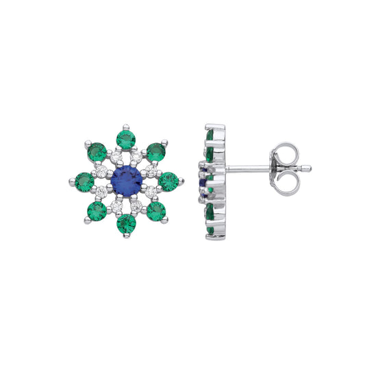 Silver Blue Green CZ 8 Point Flower Snowflake Stud Earrings - EAG1131