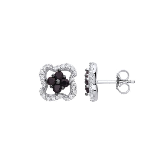 925 Silver Black CZ Shuriken Ninja Star Cluster Stud Earrings - EAG1134