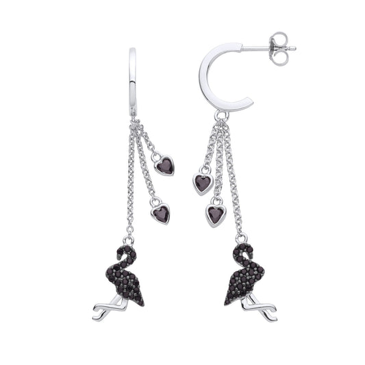 Silver Black Heart CZ Heart Flamingo 2/3 Hoop Chain Drop Earrings - EAG1135