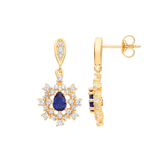 Gilded Silver Blue Pear CZ Fuzzy Turtle Leaf Drop Earrings - EAG1138