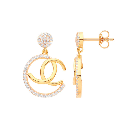 Gilded 925 Sterling Silver CZ Moon Pretzel Hoop Drop Earrings - EAG1142