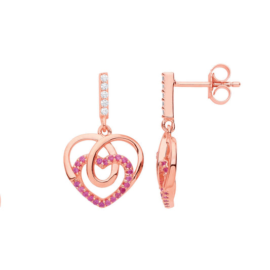 Rose 925 Silver Red CZ Loopy Corkscrew Love Heart Drop Earrings - EAG1144