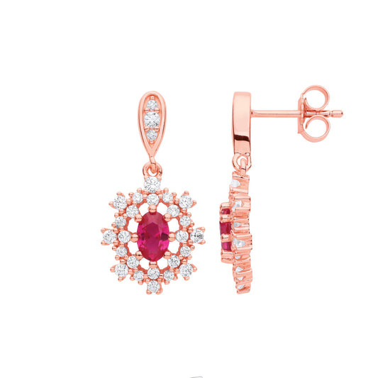 Rose Silver Red Oval CZ 8 Point Flower Snowflake Drop Earrings - EAG1145