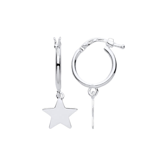 925 Sterling Silver Hanging Magic Star Charm Hoop Drop Earrings - EAG1151