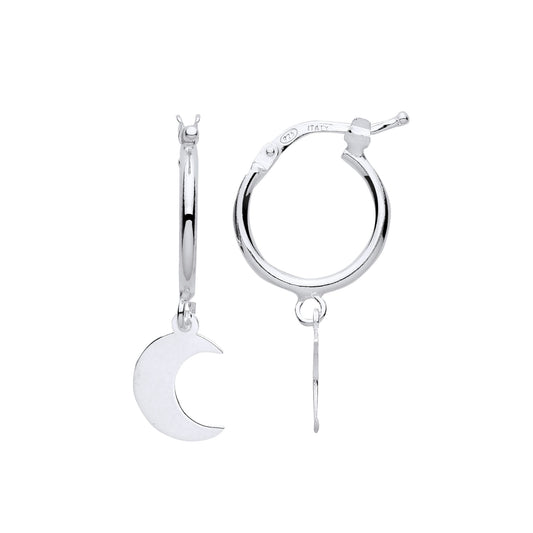 Sterling Silver Hanging Crescent Moon Charm Hoop Drop Earrings - EAG1152