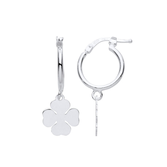 925 Silver Hanging 4 Leaf Clover Lucky Charm Hoop Drop Earrings - EAG1153