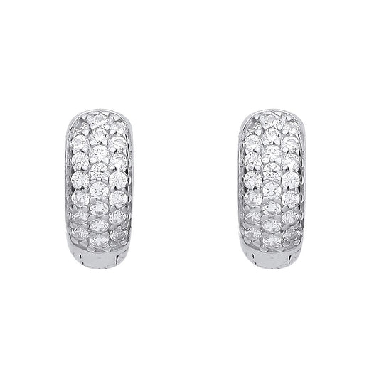 925 Sterling Silver CZ Domed 3 Row Pave Huggie Hoop Earrings - EAG1158