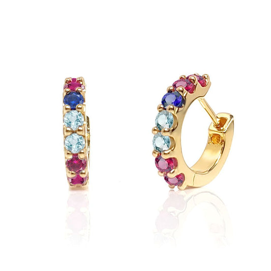 Gilded Silver Red Blue CZ Eternity Huggie Hoop Earrings - EAG1160
