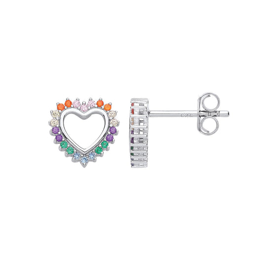 Silver Rainbow CZ Pave Pastel Fizzy Open Love Heart Stud Earrings - EAG1161