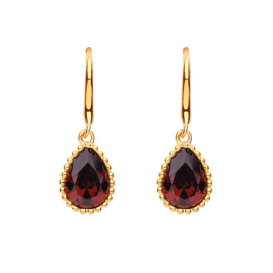 Gilded Silver Garnet Pear CZ Bead Edge Solitaire Drop Earrings - EAG1175