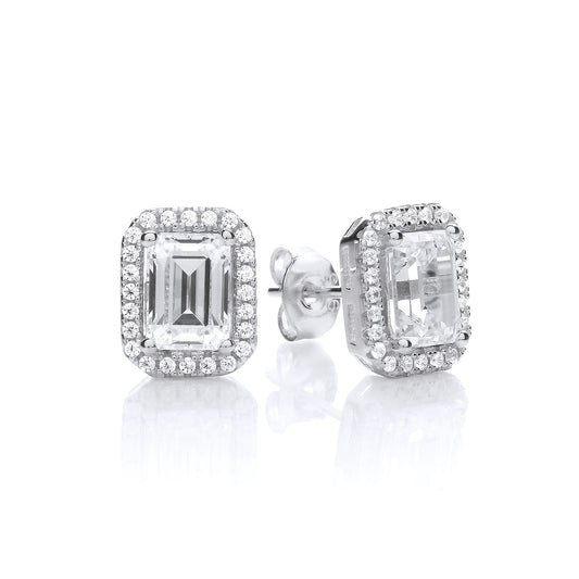 Silver Emerald CZ Long Octagon Halo Ice Rink Stud Earrings - EAG1182