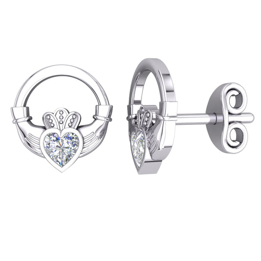 Silver Heart CZ Heart Claddagh Crown Solitaire Stud Earrings - EAG1185