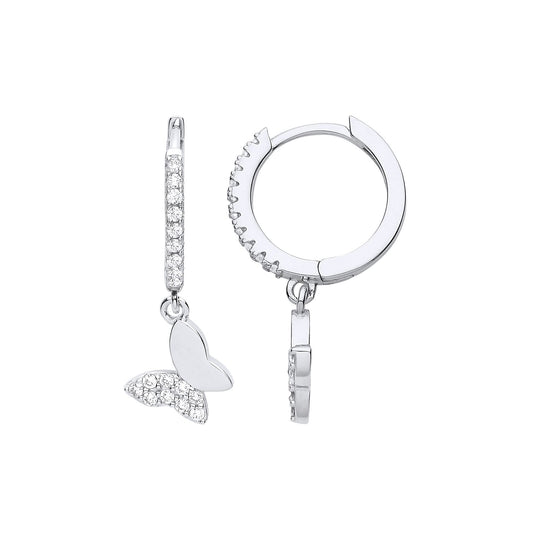 925 Silver CZ Semi Set Butterfly Charm Huggie Hoop Drop Earrings - EAG1192