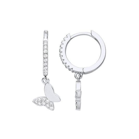 925 Silver CZ Semi Set Butterfly Charm Huggie Hoop Drop Earrings - EAG1192