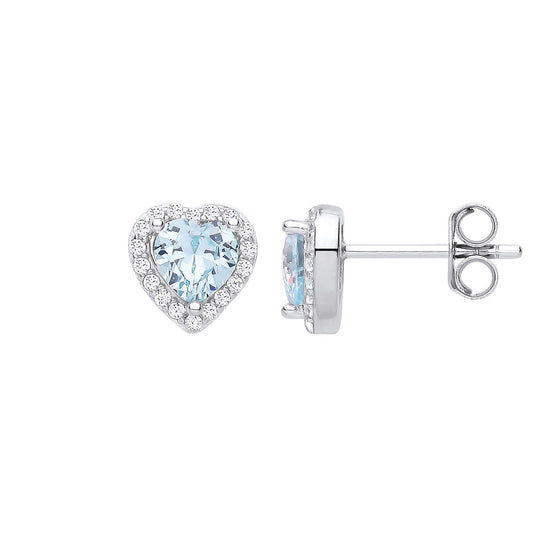 925 Silver Blue Heart CZ Love Heart Halo Cluster Stud Earrings - EAG1196