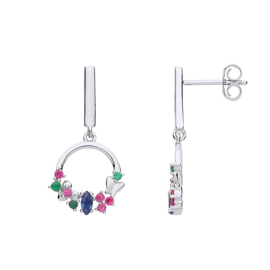 Silver Blue Red Green CZ Butterfly Flower Circle Drop Earrings - EAG1197