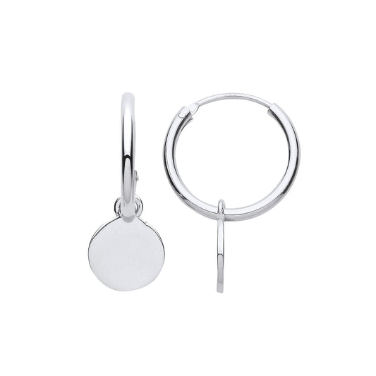 925 Sterling Silver Round Disc Tag Sleeper Hoop Drop Earrings - EAG1201