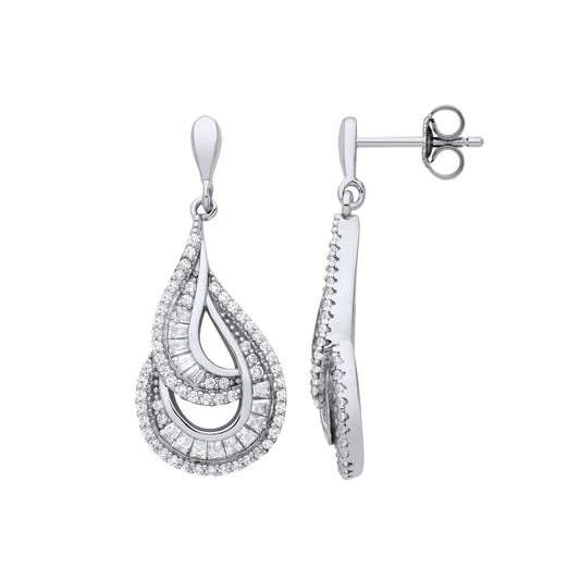 Silver Baguette CZ Twist Spiral Staircase Avocado Drop Earrings - EAG1217