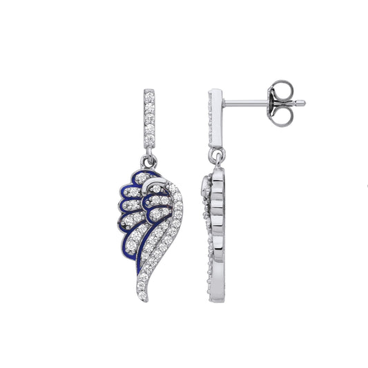 925 Sterling Silver CZ Blue Enamel Angel Dove Wing Drop Earrings - EAG1218