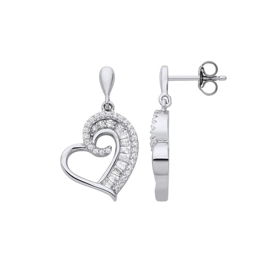 Silver Baguette CZ Golden Ratio Spiral Love Heart Drop Earrings - EAG1224