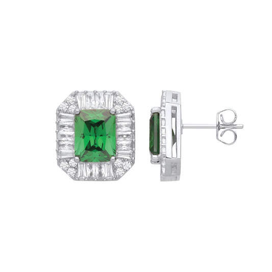 Silver Green Radiant CZ Football Stadium Octagon Stud Earrings - EAG1234