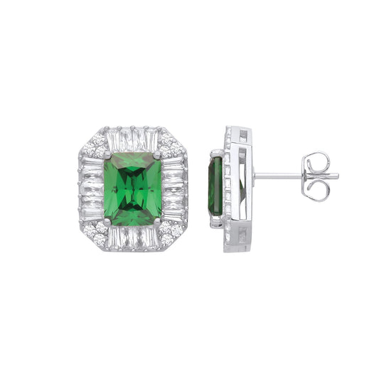 Silver Green Radiant CZ Football Stadium Octagon Stud Earrings - EAG1234