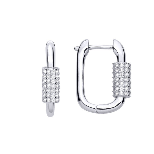 925 Silver CZ Rounded Rectangle Cluster Huggie Hoop Drop Earrings - EAG1241
