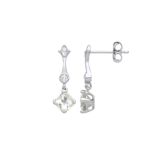 Silver Green Cushion CZ Fleur De Lys Teaspoon Drop Earrings - EAG1242