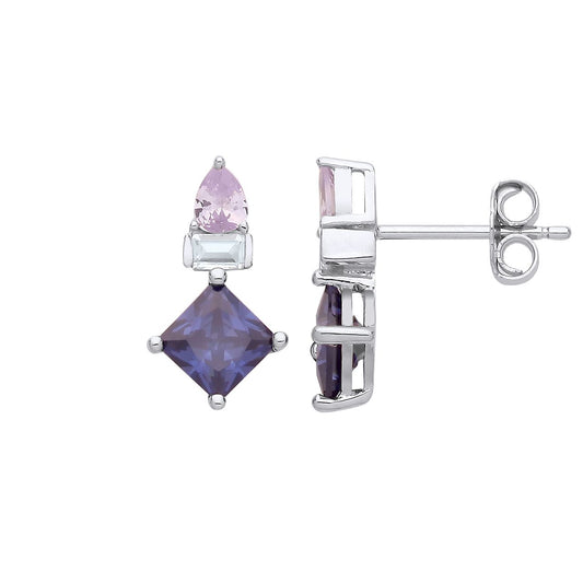 Silver Purple Princess Pear CZ Bishop Toi et Moi Drop Earrings - EAG1243