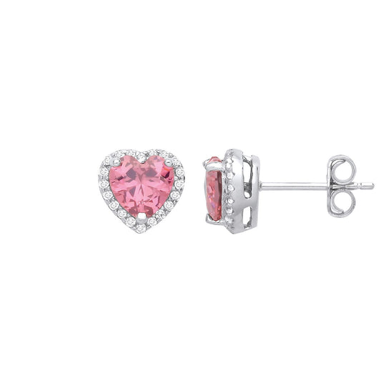 925 Silver Pink Heart CZ Love Heart Halo Cluster Stud Earrings - EAG1248