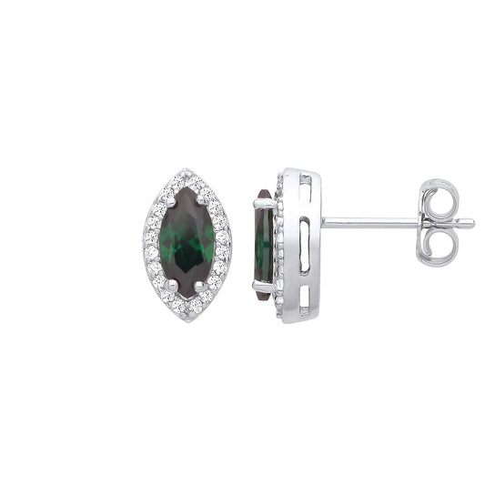 925 Silver Green Marquise CZ Cats Eyes Halo Cluster Stud Earrings - EAG1250